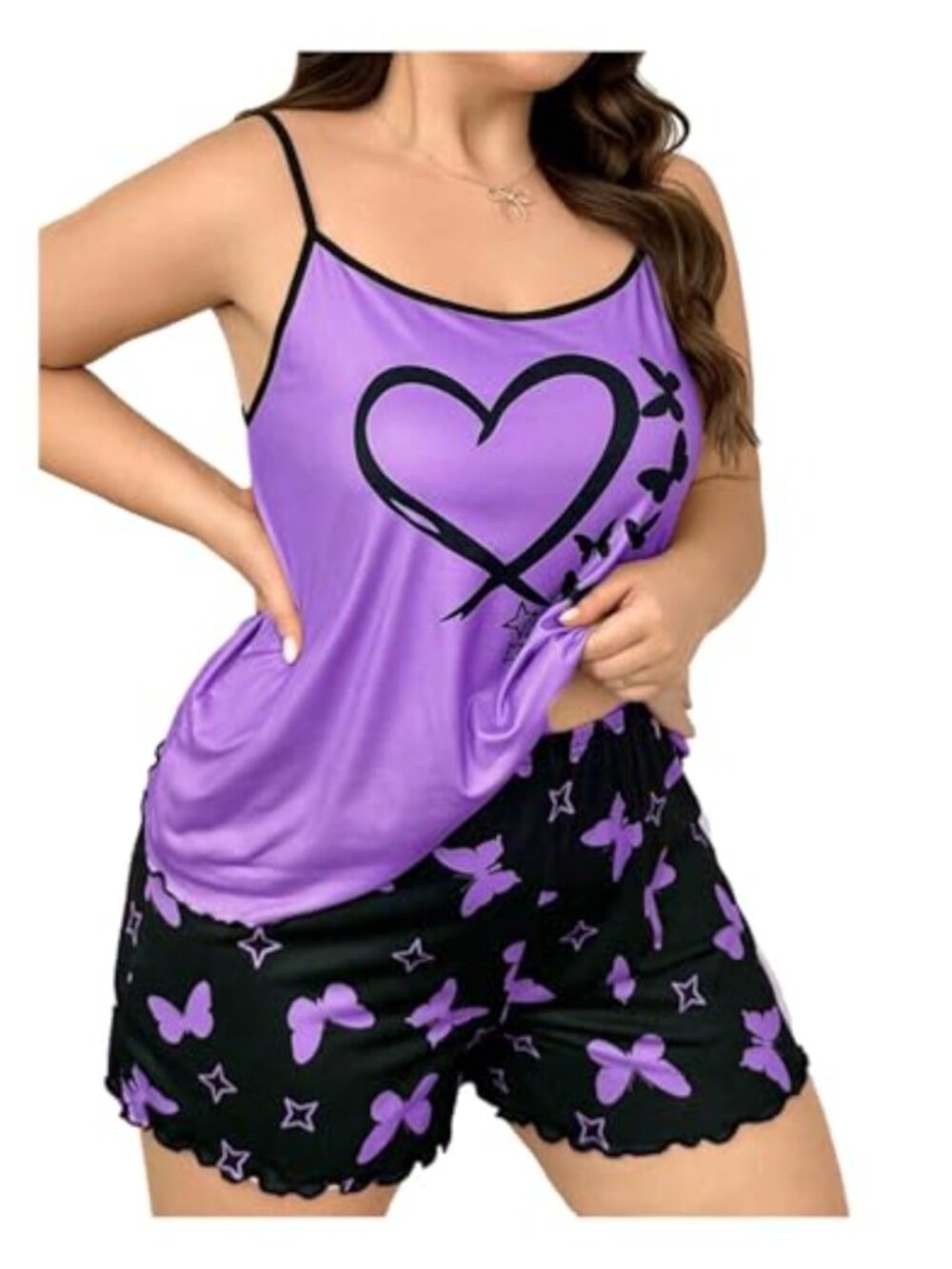 Women's Plus Size Pajama Set Butterfly Heart Print Cami Top and Shorts